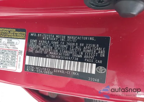 2007 Toyota Camry Le V6 z USA, uszkodzony, nr VIN 4T1BK46K97U047738